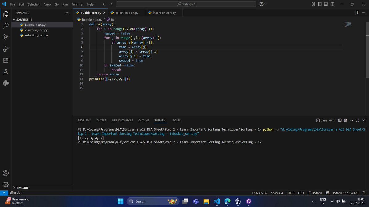 mahir_khan_4189's tweet image. 🔢 Day 21 – Levelling Up (DSA)
Focused on classic Sorting Algorithms today:
✅ Selection Sort
✅ Bubble Sort
✅ Insertion Sort
Back to the basics, locking in the fundamentals 🔁
📂 Repo: github.com/MahirKhan2005/…
#DSA #SortingAlgorithms #StriversSheet #100DaysOfCode #BuildInPublic