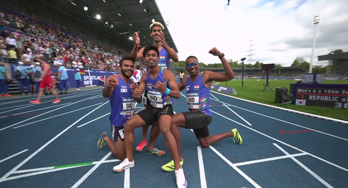 The Indian 4x100m relay team makes for a happy picture after winning bronze in the FISU World University Games 2025 in Bochum, Germany. 
Photo: Screenshot from FISU.TV