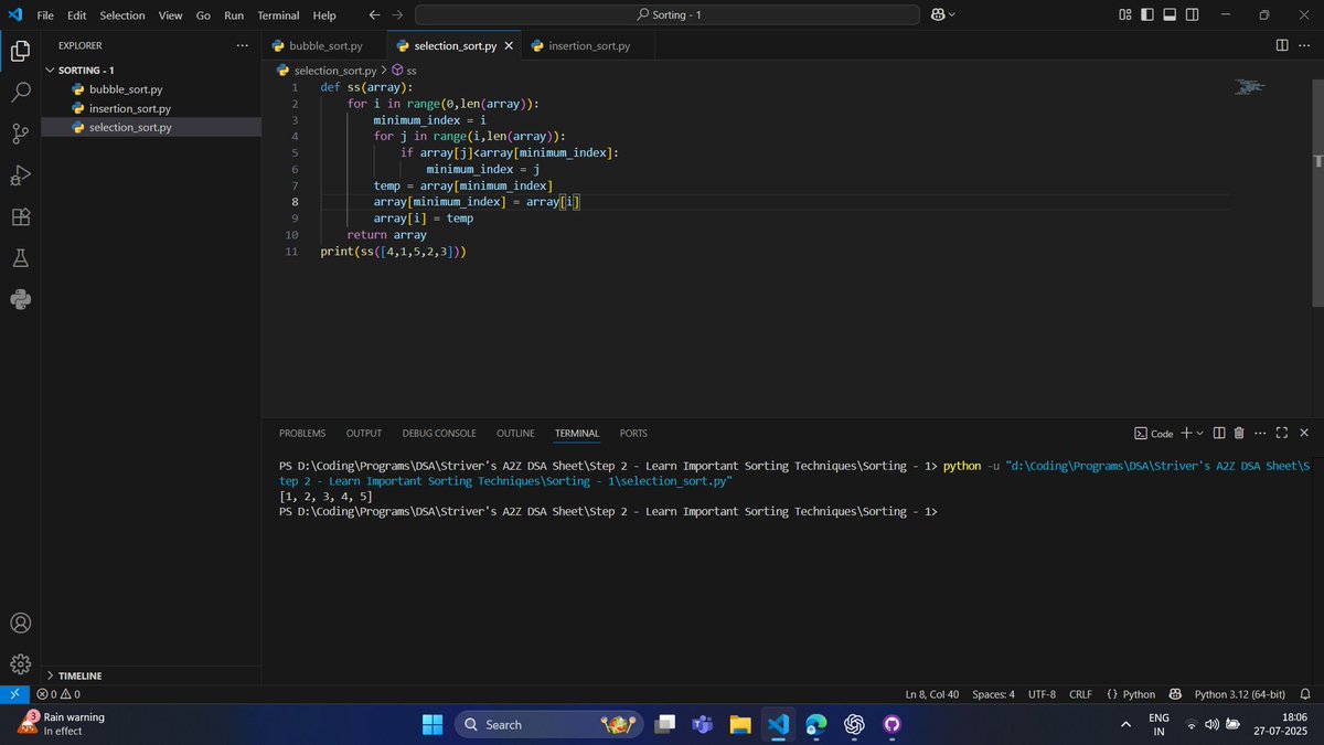 mahir_khan_4189's tweet image. 🔢 Day 21 – Levelling Up (DSA)
Focused on classic Sorting Algorithms today:
✅ Selection Sort
✅ Bubble Sort
✅ Insertion Sort
Back to the basics, locking in the fundamentals 🔁
📂 Repo: github.com/MahirKhan2005/…
#DSA #SortingAlgorithms #StriversSheet #100DaysOfCode #BuildInPublic