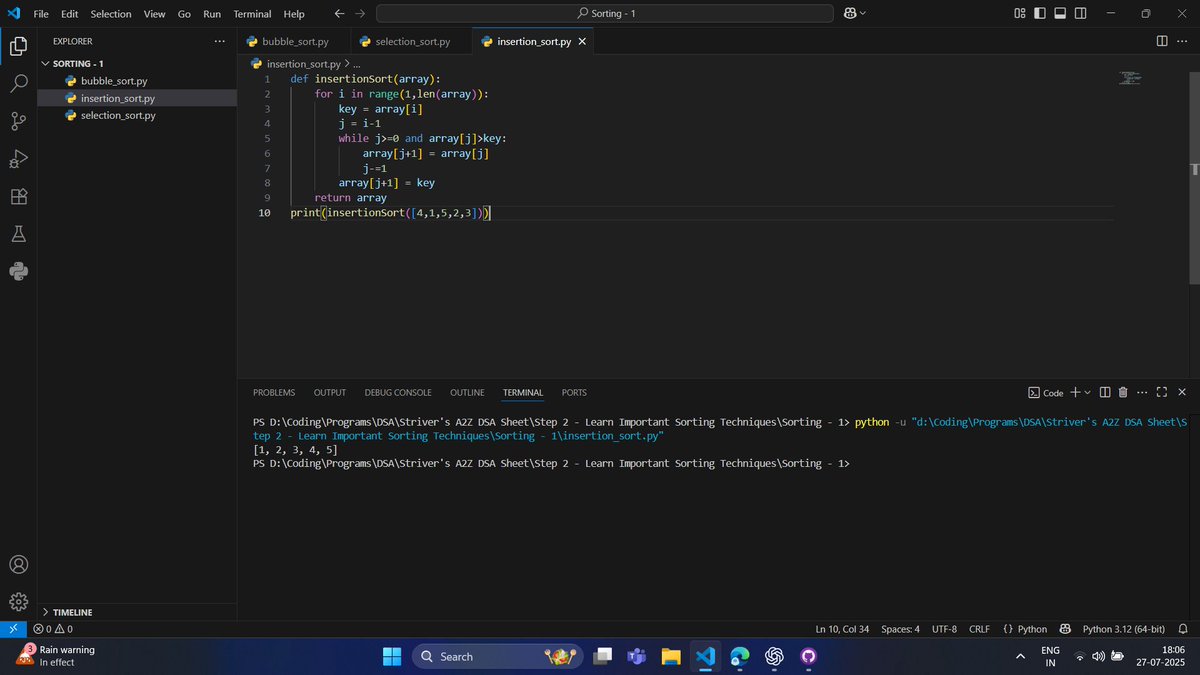 mahir_khan_4189's tweet image. 🔢 Day 21 – Levelling Up (DSA)
Focused on classic Sorting Algorithms today:
✅ Selection Sort
✅ Bubble Sort
✅ Insertion Sort
Back to the basics, locking in the fundamentals 🔁
📂 Repo: github.com/MahirKhan2005/…
#DSA #SortingAlgorithms #StriversSheet #100DaysOfCode #BuildInPublic