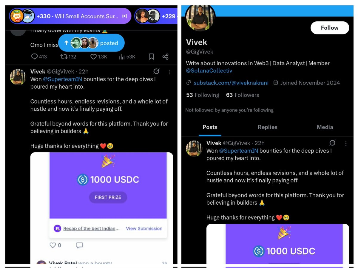 Bruh got $1k from web 3 with just only 63 followers. Time to push myself more and more. 
Congratulations boss  <a href="/GigVivek/">Vivek</a>