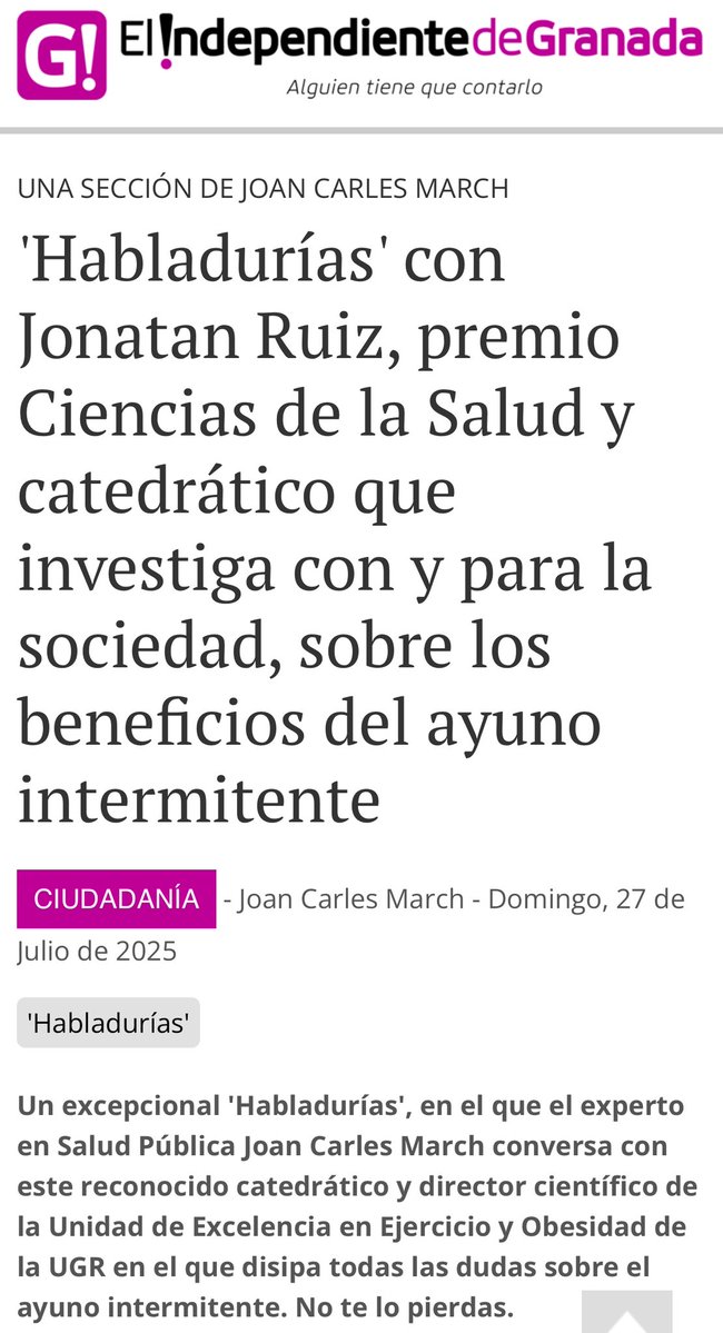 sanidad pública (@sanidadgranada) on Twitter photo Conversación de dos grandes: <a href="/ruizruizjonatan/">Jonatan R Ruiz</a> y <a href="/joancmarch/">joan carles march</a> investigadores <a href="/ibsGRANADA/">ibs.GRANADA</a>, uno de la <a href="/CanalUGR/">Universidad Granada</a> y el otro de <a href="/EASPsalud/">Escuela Andaluza SP</a> en <a href="/IndeGranada/">El Independiente de Granada</a> sobre beneficios del AYUNO INTERMITENTE tras premio Ciencias de la Salud <a href="/Cajaruralgr/">Caja Rural Granada</a> de Jonatan Ruiz
➡️elindependientedegranada.es/ciudadania/hab… Conversación de dos grandes: <a href="/ruizruizjonatan/">Jonatan R Ruiz</a> y <a href="/joancmarch/">joan carles march</a> investigadores <a href="/ibsGRANADA/">ibs.GRANADA</a>, uno de la <a href="/CanalUGR/">Universidad Granada</a> y el otro de <a href="/EASPsalud/">Escuela Andaluza SP</a> en <a href="/IndeGranada/">El Independiente de Granada</a> sobre beneficios del AYUNO INTERMITENTE tras premio Ciencias de la Salud <a href="/Cajaruralgr/">Caja Rural Granada</a> de Jonatan Ruiz
➡️elindependientedegranada.es/ciudadania/hab…