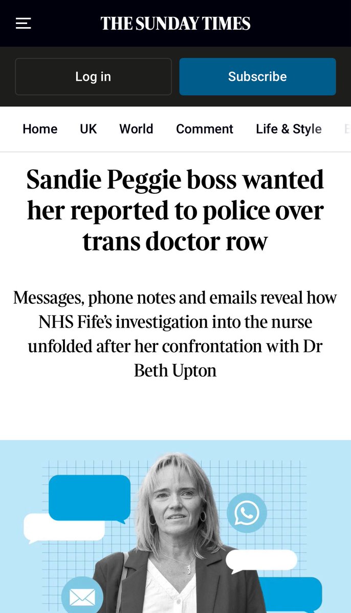 Sandie’s boss wanted to call the police on her for not wanting to get undressed in front of a man who walked into the ladies changing room.   

He wanted to call the police on her!!   

Jamie Doyle, NHS Fife’s head of nursing for acute services, wrote an email saying this.  1/
