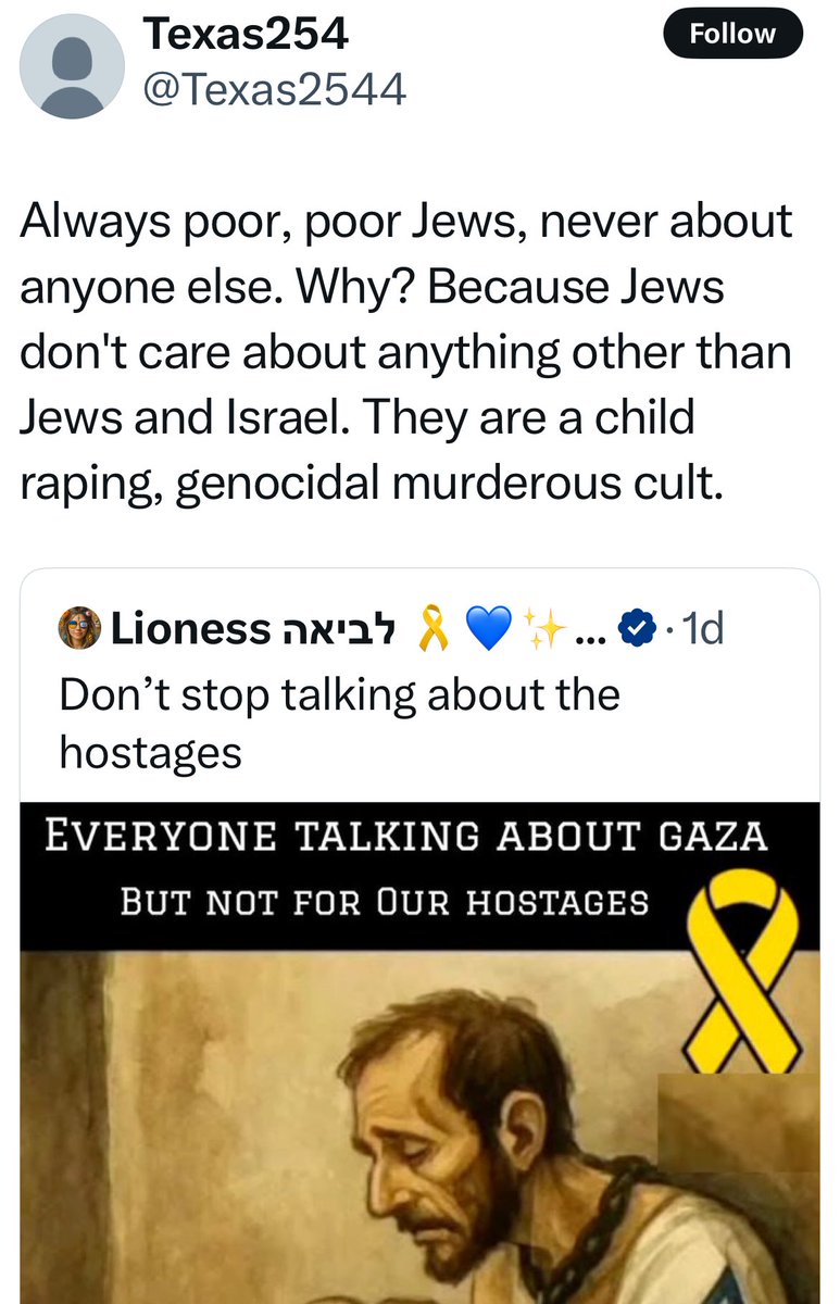 Imagine showing hatred when innocent hostages are being tortured and starved 
Help get rid of this thing….