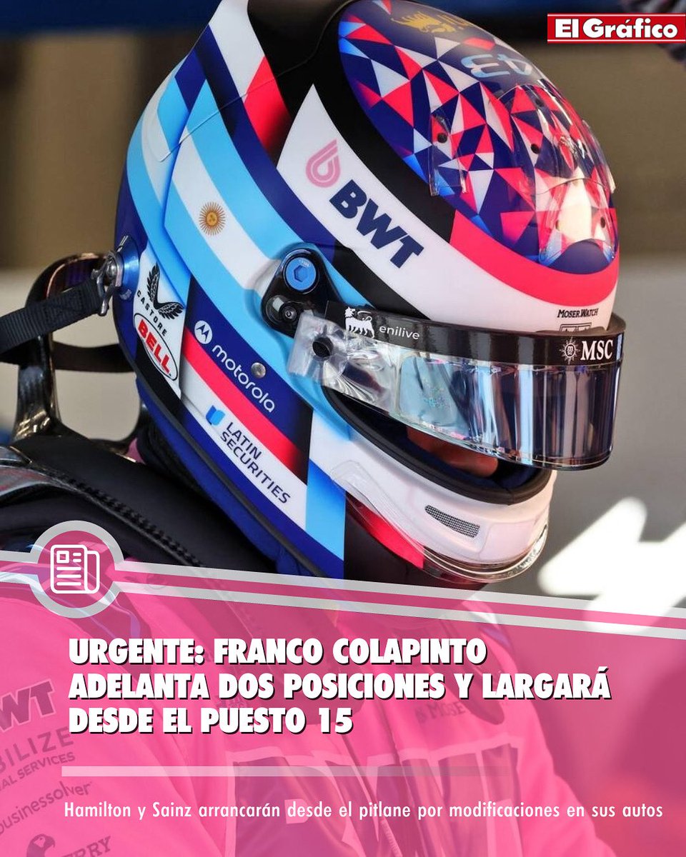 elgraficoweb's tweet image. EXCELENTES NOTICIAS PARA COLAPINTO 💪🏻🇦🇷
✔️ Dado que Lewis Hamilton y Carlos Sainz realizaron modificaciones en el auto, ambos saldrán desde el pitlane, por lo que el argentino adelanta dos posiciones y largará 1️⃣5️⃣.
¡VAMOS, FRAN! ❤️