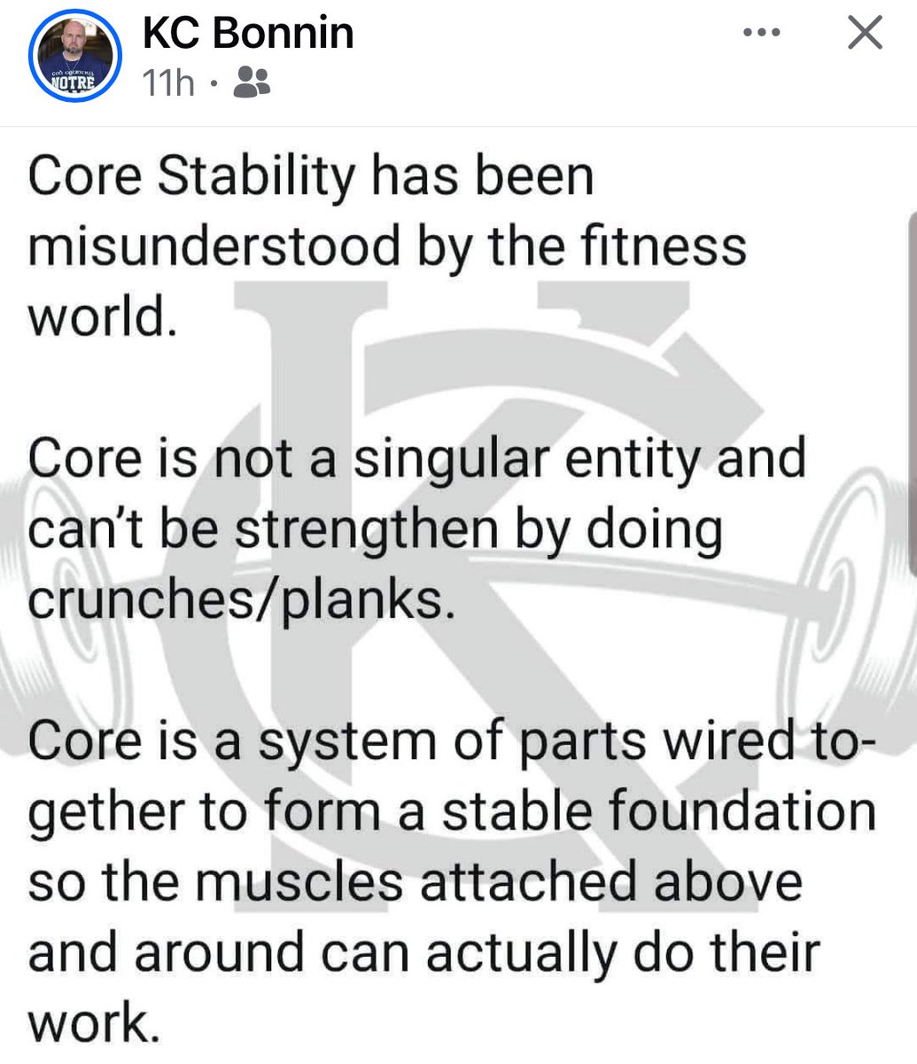 More people (especially coaches) need to understand this.  Don’t do things for the sake of doing them or bc it is what you did 30 yrs ago.
Crawling, Carry variations &amp; some unilateral work&gt;crunches/Russian twists