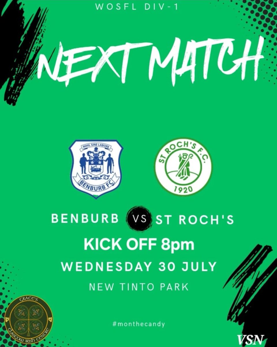 StRochsJuniors's tweet image. Next up for The Candy is a trip to New Tinto Park on Wednesday night to play @BenburbFc
Kick off is 8pm