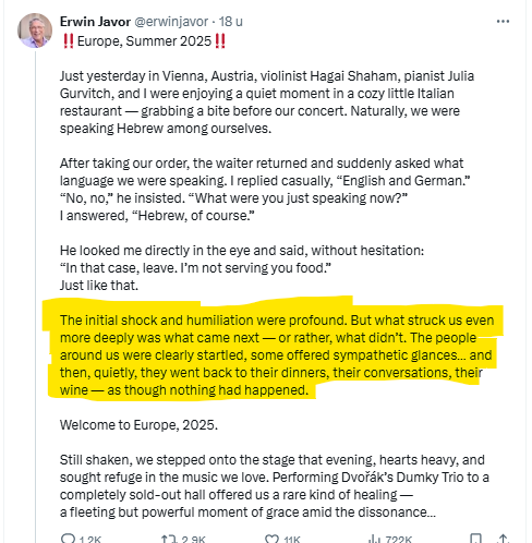 Mirjam152's tweet photo. Italiaans restaurant in Wenen weigert Joden te bedienen. "Het wegkijken van de mensen om ons heen deed het meeste pijn." Laten we afspreken dat WIJ wel ingrijpen in zo'n geval. Ik verwacht dat niet van Hamasfans, maar wel v.d. rest. https://t.co/jYwwpXAgIT