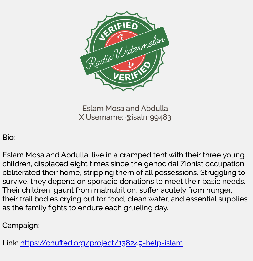Fun Tsu (@funntsu) on Twitter photo Welcome <a href="/isalm99483/">Eslam mosa</a>!
Help the family of 5 of Eslam Mosa and Abdulla
Donate & boost: chuffed.org/project/138249…
Give sister Eslam and her family hope🍉
#SOSGaza #LifelineToGaza #DonateBoost
Volunteer at #Viva 🍉t.ly/72UHv Welcome <a href="/isalm99483/">Eslam mosa</a>!
Help the family of 5 of Eslam Mosa and Abdulla
Donate & boost: chuffed.org/project/138249…
Give sister Eslam and her family hope🍉
#SOSGaza #LifelineToGaza #DonateBoost
Volunteer at #Viva 🍉t.ly/72UHv