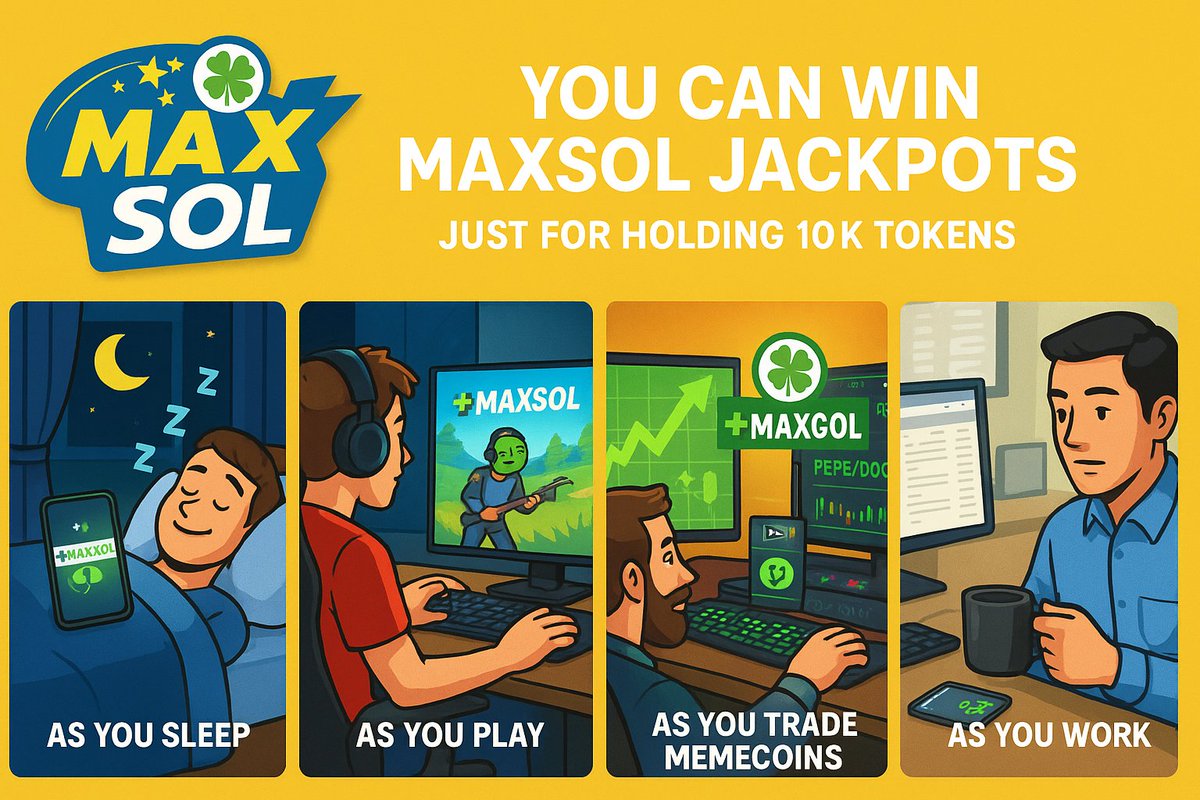 MaxSol_lottery's tweet image. You don’t need to time the market or stare at charts. Just hold 10,000 $MAXSOL and jackpots can strike anytime - while you sleep, game, grind charts, or clock in at work. It’s passive, it’s random, and it’s real. Hold tight. The next jackpot could be yours. 🍀