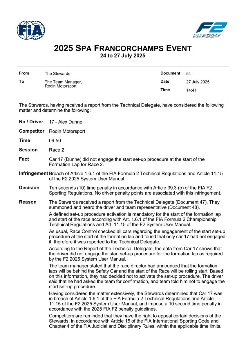f2docsbot's tweet image. New document: Doc 54 - INFRINGEMENT - Car 17 - failed to engage start set up procedure at start of Formation Lap
Published on 27.07.25 14:42 CET
fia.com/system/files/d…
#F2 #Formula1 #FIA