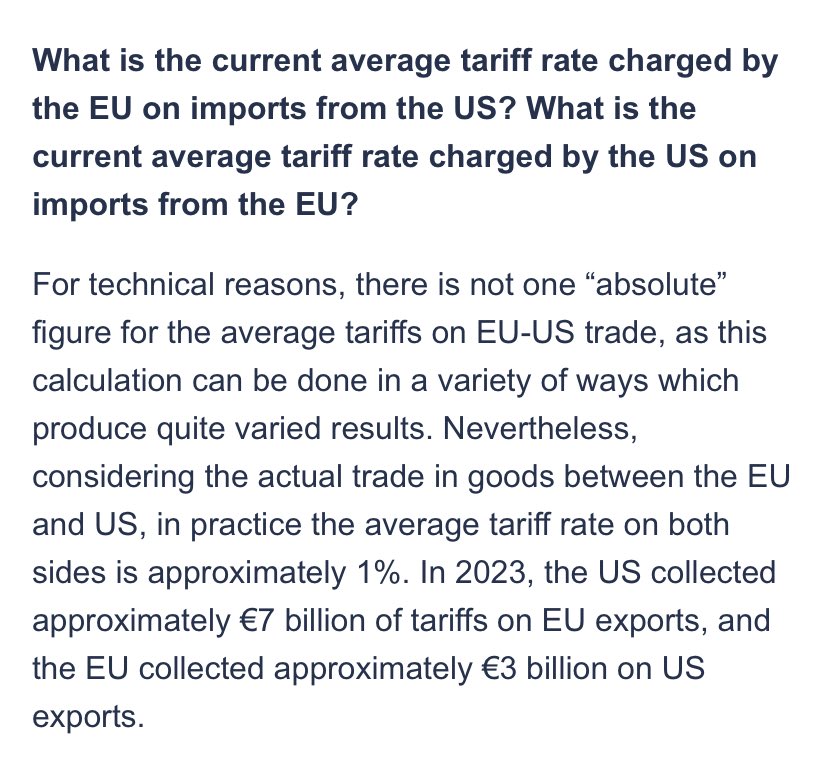 davcarretta's tweet image. Attenzione quando leggerete che il 15% è il male minore perché in fondo è il 10% più il 4,8% del dazio medio americano.
Quello è il dazio medio su tutto il mondo.
Il dazio medio USA per import da UE nel 2023 era circa l’1%, secondo la Commissiome. Secondo Bruegel 1,47%.