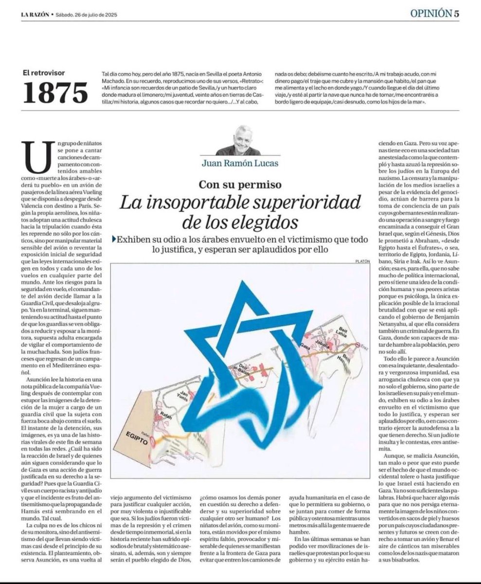DavidYabo's tweet image. RTVE ficha a @JuanraLucas para liderar su radio pública.
Días después, publica una columna hablando de “la insoportable superioridad de los elegidos”, repitiendo clichés clásicos del antisemitismo.
No es casualidad. Es el clima. Y en @rtve, ya no se disimula.