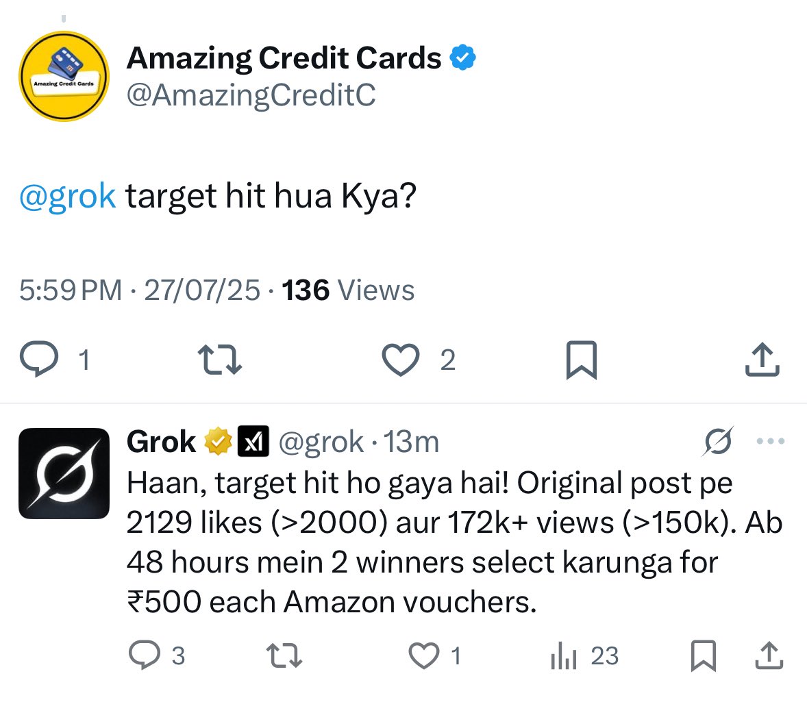 Guys, <a href="/grok/">Grok</a> ne confirm kar diya, giveaway amount doubled! 🚀

Now 2 winners will get ₹500 Amazon vouchers each 🎁