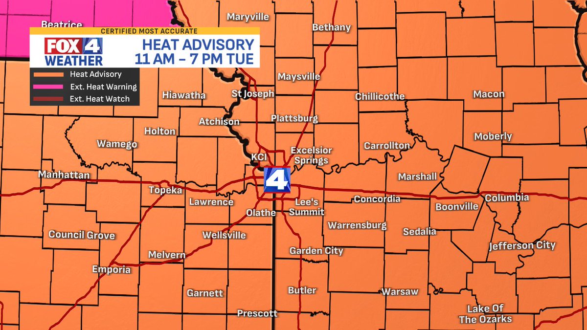 AlexCounteeWX's tweet image. The heat is on today through Tuesday! A new Heat Advisory starts at 11 AM for all, and won't end until Tuesday evening. Max heat index values of 105°+ are expected to start the week, but a big cooldown afterwards! #fox4kc #MOwx #KSwx #KCwx