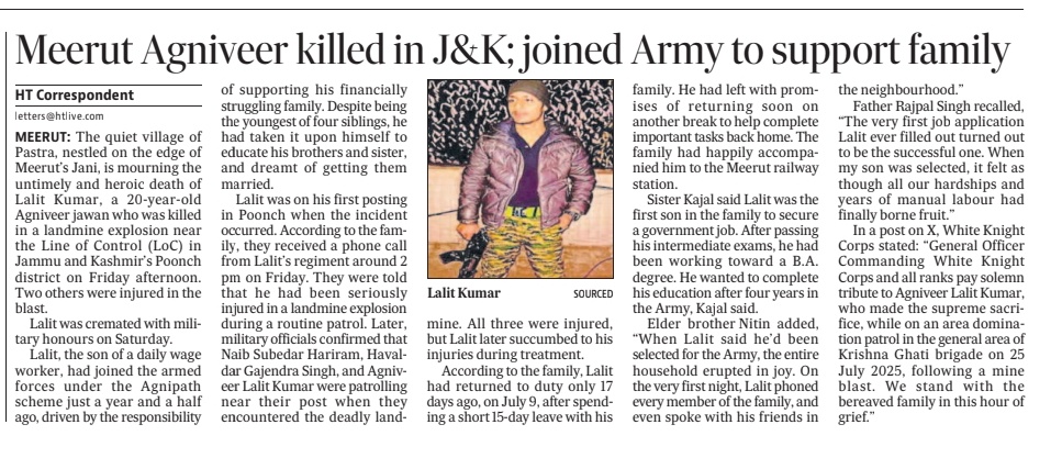 Agniveer Lalit Kumar, 20, from Meerut, martyred in a landmine blast near LoC in Poonch. Joined Army to support his struggling family. First govt job in the family. Youngest sibling who carried big dreams...

hindustantimes.com/cities/lucknow…