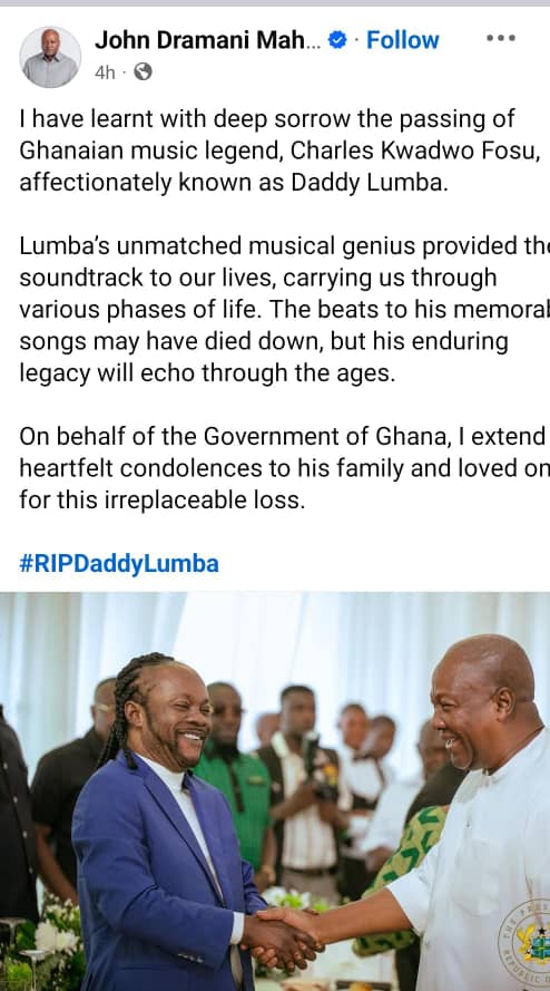 Adom1063fm's tweet image. Your unmatched musical genius provided the soundtrack to our lives, and your enduring legacy will echo through the ages - President @JDMahama states as he mourns Daddy Lumba
#AdomSocials
#RestInPeaceLegend