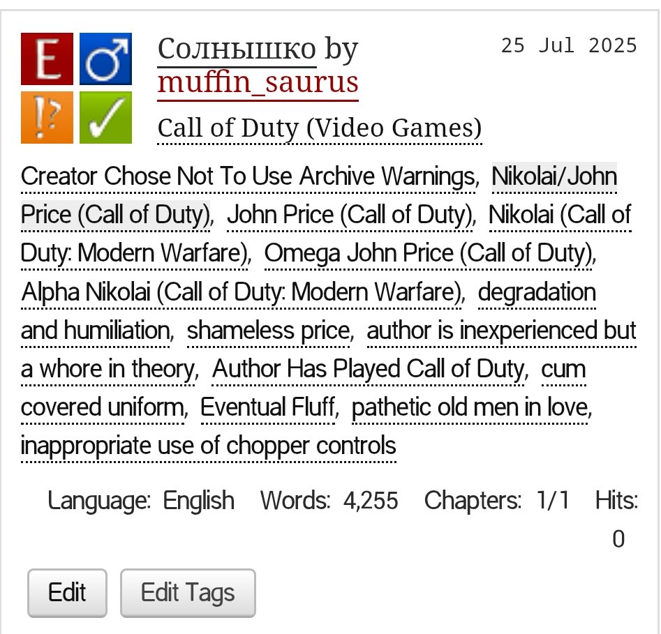 #nikpriceweek Day 7: Uniforms (NSFW)

got a juicy fic as well for the last day :3
archiveofourown.org/works/68155556

#callofduty #johnprice #cod
<a href="/NikPriceWeek/">Old Comrades 🔞</a>
