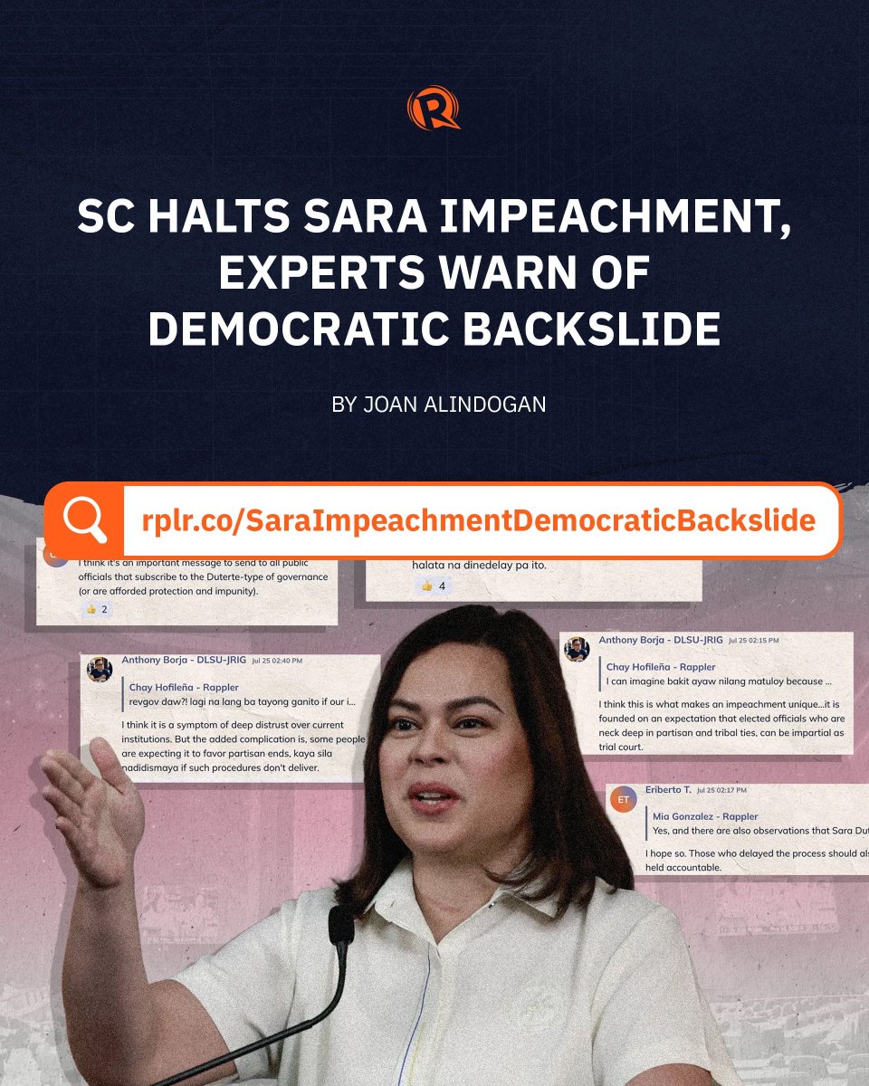 rapplerdotcom's tweet image. The Supreme Court blocking the impeachment trial is a betrayal of its constitutional mandate and a threat to safeguards that keep public officials accountable, say legal experts.
rappler.com/philippines/su…