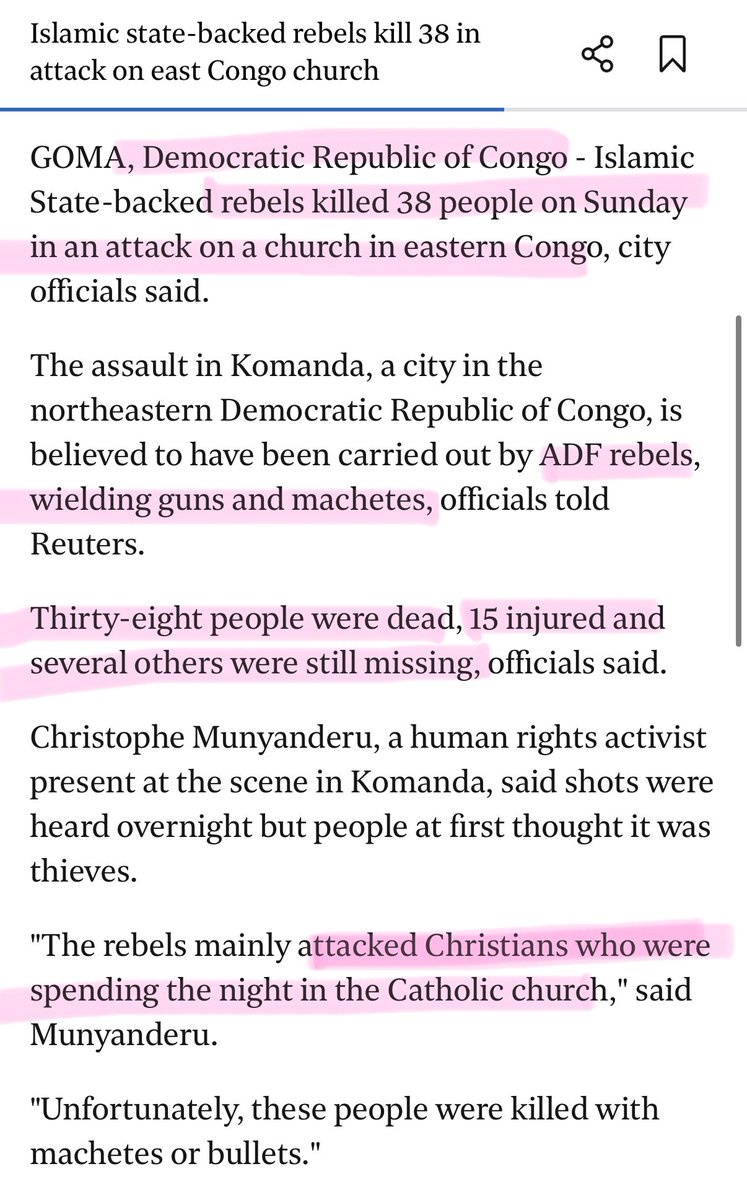 Islamic state backed militants in the Congo massacred Catholics while they were praying in church.

38 lives taken, 15 injured, numerous people still missing.