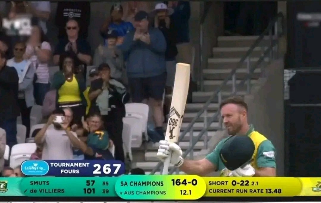 WCL में ABD का शतक मात्र 46 गेंद में 123 रन आज आस्ट्रेलिया को कूटा इस बंदे में अभी बहुत दम है भाई इसको किसने संन्यास दिलवाया था इसको वापस बुलाओ ABD में अभी बहुत क्रिकेट बाकी है और ये बंदा क्रिकेट का लेजेंड है इसमें कोई संदेह नहीं, ताबड़तोड़ शतकीय पारी के लिए बधाई Mr. 360°🔥💪