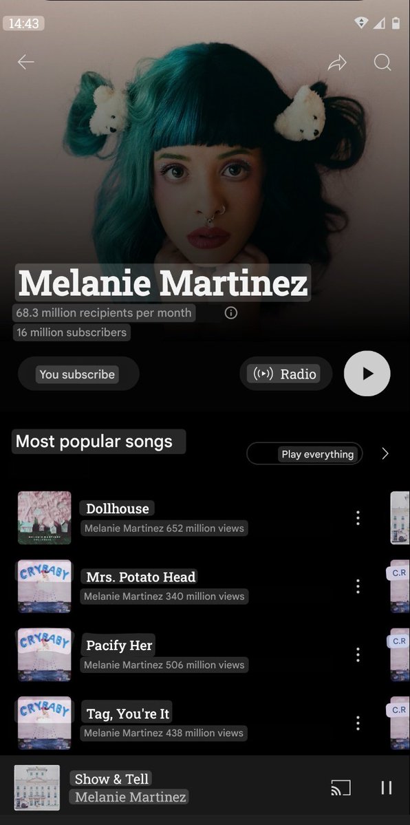 Mattwvvv's tweet image. "Ohh Melanie Martinez is a flop she have only 10 milion listeners on Spotify„
Melanie Martinez listeners on YouTube: