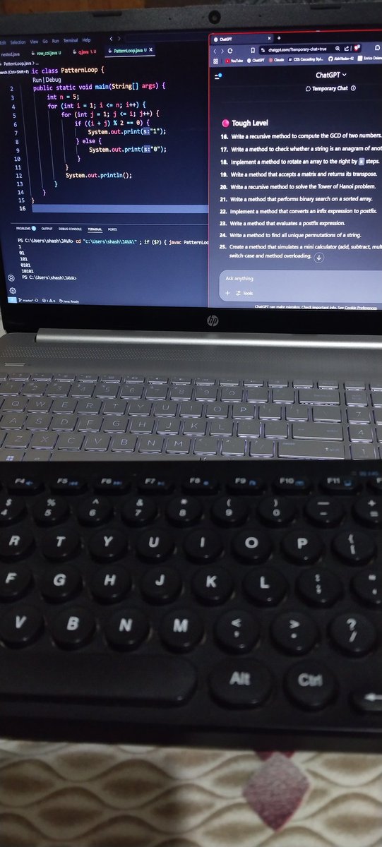 42_ALCHEMAX's tweet image. Day 31 of #100DaysOfCode
Practicing what I learned on Day 30:
✅Practicing loop and method questions
✅Doing pattern printing

My maths isn’t great, but I’m enjoying the grind
Now,starting tough method questions.

Any advice or suggestions?
#JavaBeginner #LearnInPublic  #Coding
