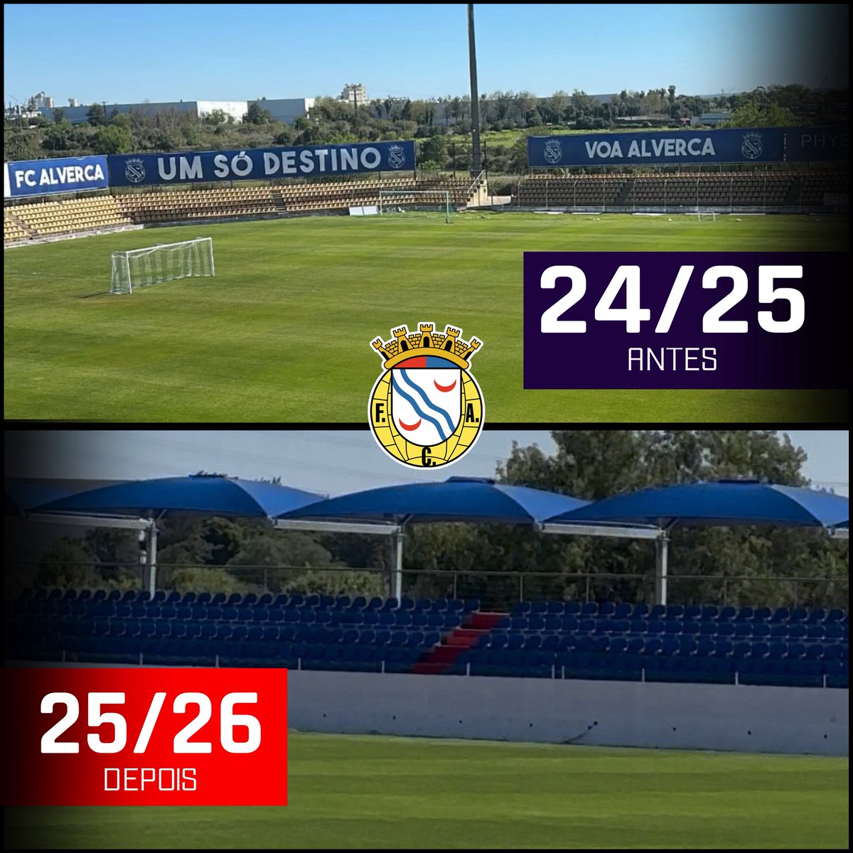 🧱 Pedra Sobre Pedra, Construímos o Futuro

As antigas cadeiras amarelas deram lugar ao azul do Alverca, a nova cobertura começou a tomar forma, e as redes de proteção foram removidas, dando espaço à instalação de painéis LED publicitários junto ao relvado.