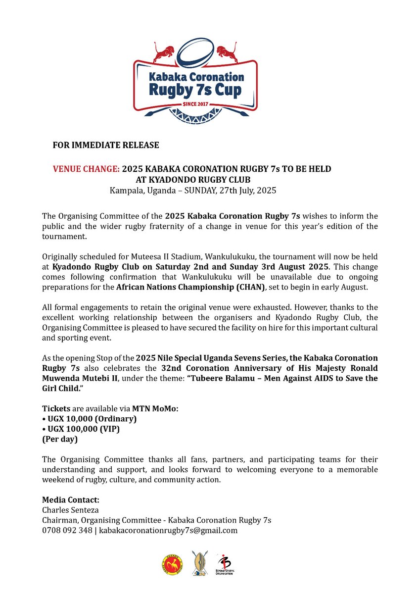 When you see it 🤝🏿 #KyadondoIsHome 

🎟  10k ORD | 100K VIP - per day. 
📅  2nd-3rd August - #Kabakacoronationrugby7s 

#HeathensTuko || #MunguNiWetu || #NileSpecialUganda7s