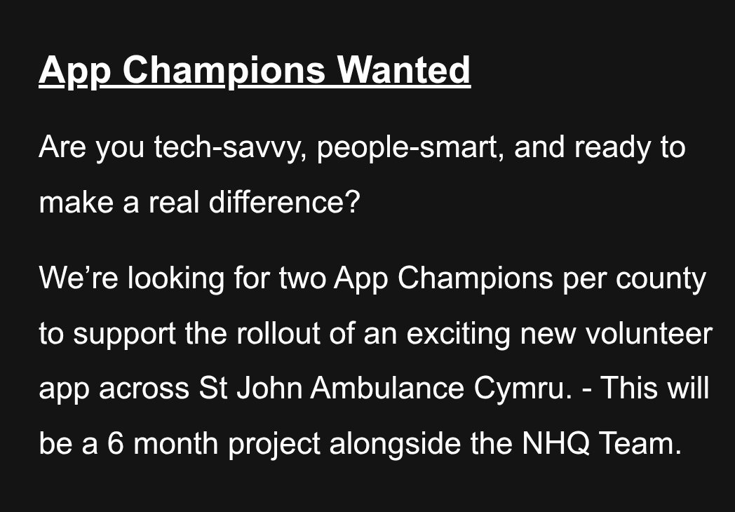 Richard Lee MBE CStJ QAM FIMC FCPara (@ceostjac) on Twitter photo As we continue to deliver our 2025-2030 strategy <a href="/SJACymru/">St John Ambulance Cymru</a> we are now advertising 2 key ways to be involved.
Our #StJohnPeople app team are looking for App Champions & we are now taking expressions of interest if you want to be our next Chief Commissioner
Why not get involved.? As we continue to deliver our 2025-2030 strategy <a href="/SJACymru/">St John Ambulance Cymru</a> we are now advertising 2 key ways to be involved.
Our #StJohnPeople app team are looking for App Champions & we are now taking expressions of interest if you want to be our next Chief Commissioner
Why not get involved.?