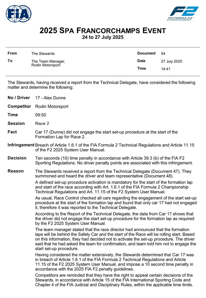 RBJTUpdates's tweet image. 🚨 ARVID LINDBLAD PROMOTED TO P1
Alex Dunne has received a 10-second penalty, with that Arvid inherites the feature race win!
#RBJT #F2 #BelgianGP