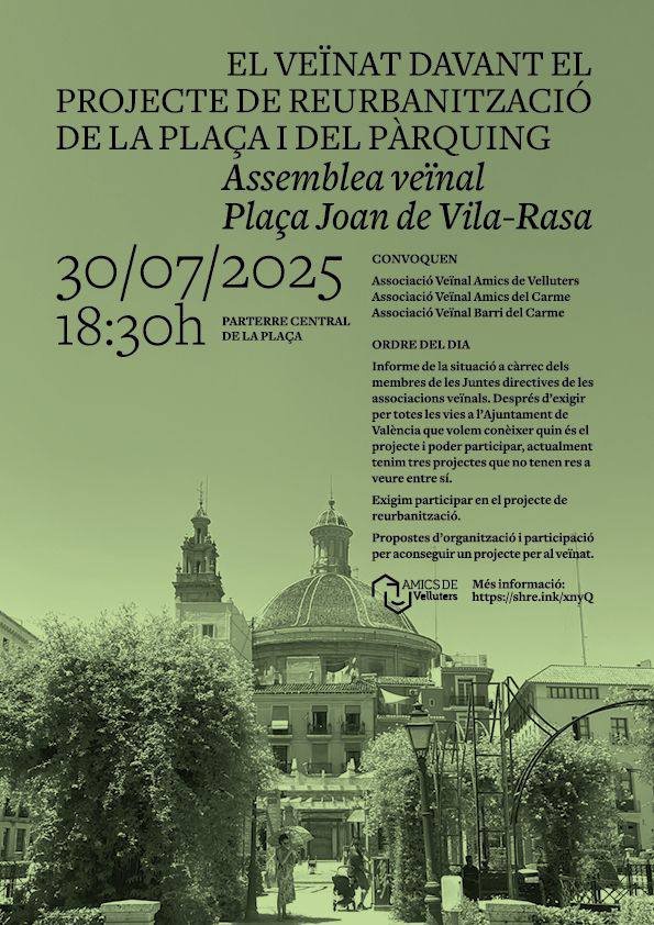 AVelluters's tweet image. Assemblea veïnal pel PROJECTE REURBANITZACIÓ PLAÇA Joan de Villarrasa.
@policiavalencia @AjuntamentVLC @FedVeinalVLC @mjosecatala @Vicent_Marco @LaVanguardia @levante_emv @valenciaplaza @carlosnc78 @lasprovincias @CarlosMundina @PSOEValencia @compromis