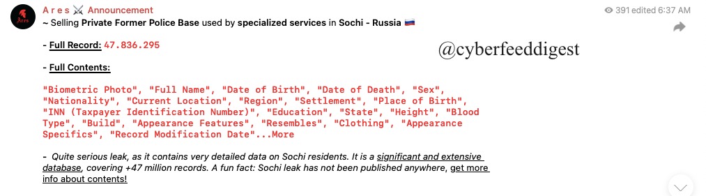 cyberfeeddigest's tweet image. ๐จ #ARES Group Allegedly #Breached Former Police Base in Sochi ๐ท๐บ โ 47M+ Detailed Personal Records
A massive and previously unpublished #DataLeak from a former police database used by specialized services in #Sochi, #Russia ๐ท๐บ is allegedly up for sale on a #Darkweb forum.
๐ฆโฆ