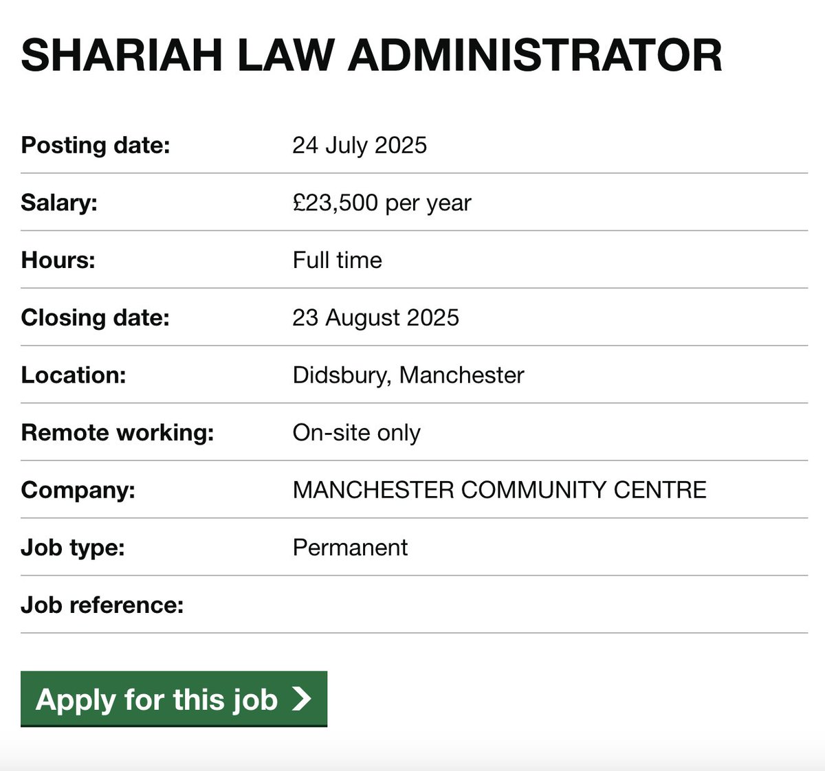 ReformDarlo's tweet image. Why is our tax money being spent on a Shariah Law Administrator?
In fact, why do we even have Shariah law administrators in the UK?
findajob.dwp.gov.uk/details/168936…
