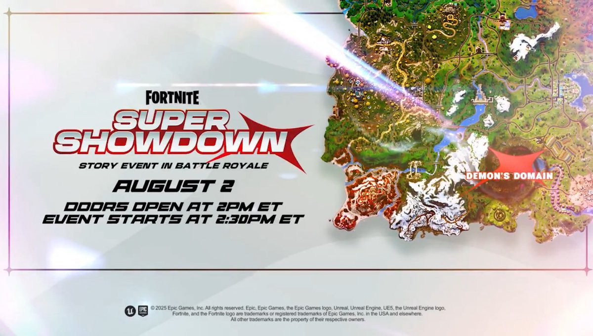 SentinelCentral's tweet image. Everything currently known regarding #Fortnite’s ‘Super Showdown’ event⚡️
• Likely a FULL LENGTH live event, not a mini one
• Occurs at August 2nd @ 2:30pm ET, while doors open at 2pm ET
• Superman will assist us
• Demons Domain destroyed
• Kraken spawns at one point