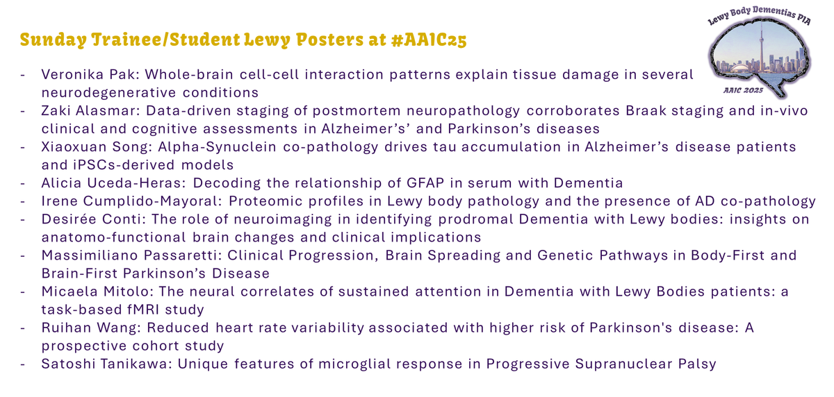 LBDPIA's tweet image. Hope you have comfy shoes on to tour the posters today👟Sunday trainee/student posters to check out at #AAIC25 for #Lewy are here!
You can also see a full list for other days on our informal webpage too: sites.google.com/view/lbdpia-aa…