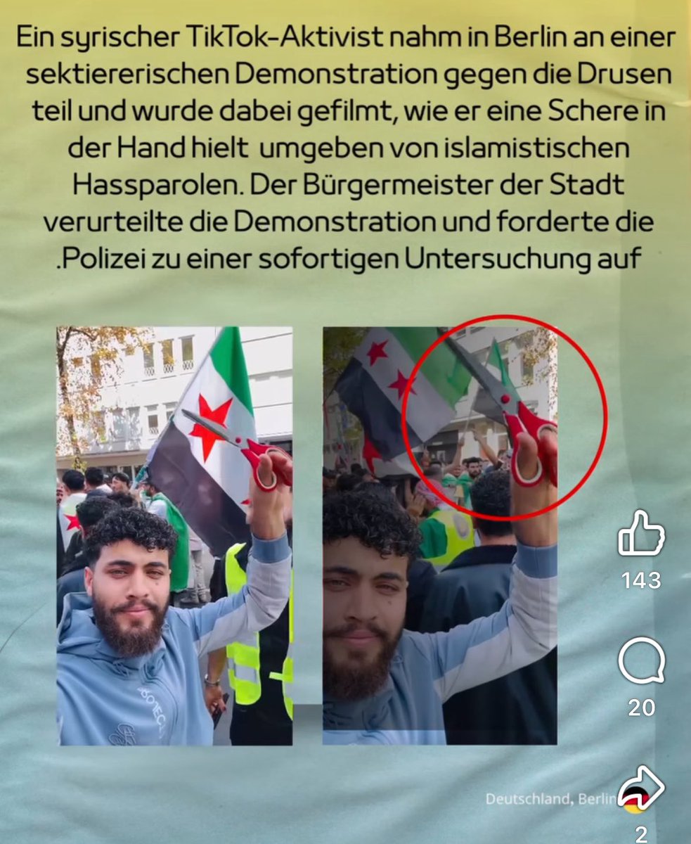 namemllme's tweet image. Majed Al-Shabah, a Syrian Tik-Tok activist lives in Berlin
He protested against the Druze, showed up with scissors to threaten them and supported the terrorists of HTS!
