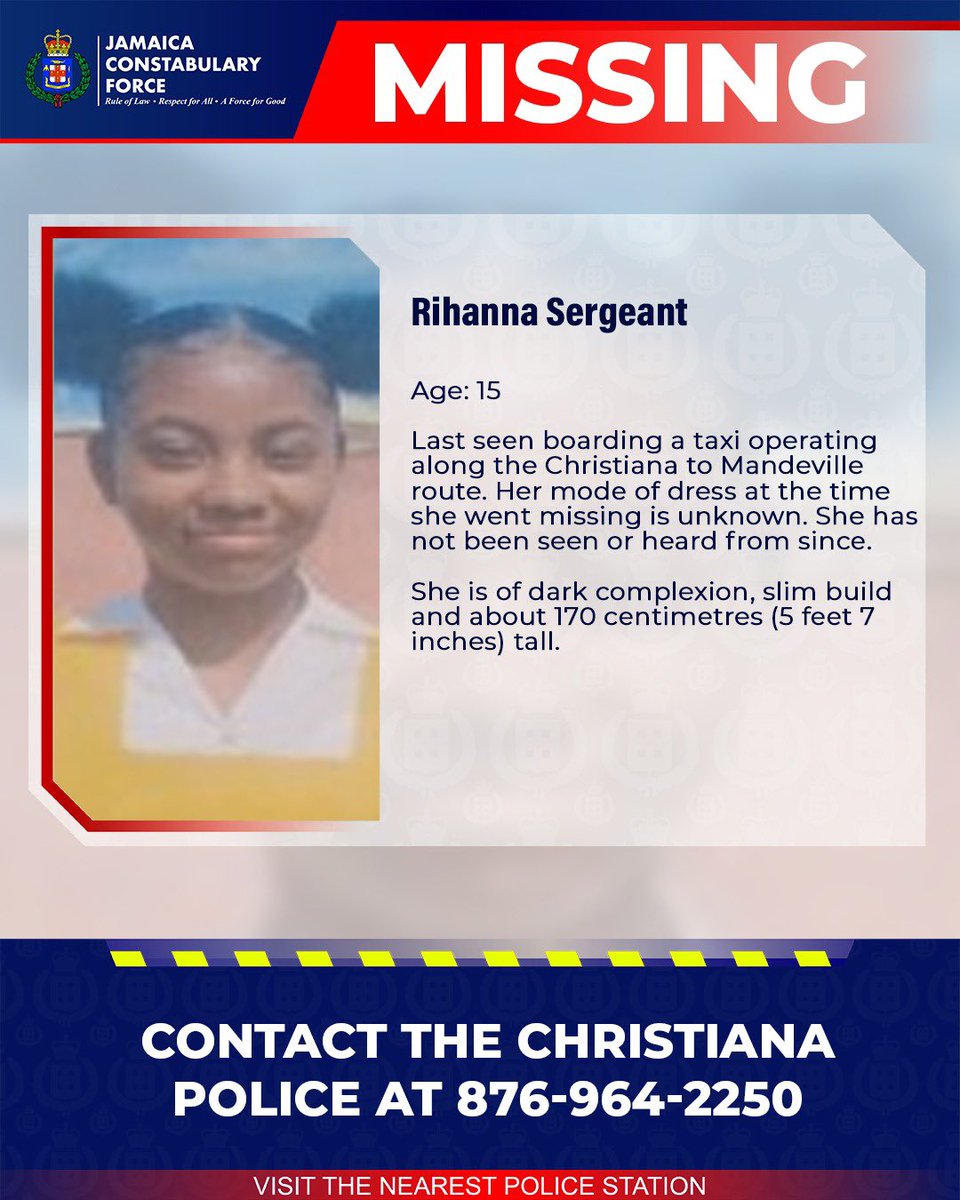 JamaicaConstab's tweet image. Help us locate missing Rihanna Sergeant. If you know her whereabouts please call the Christiana Police or the nearest police station.
#AnandaAlert #Missing