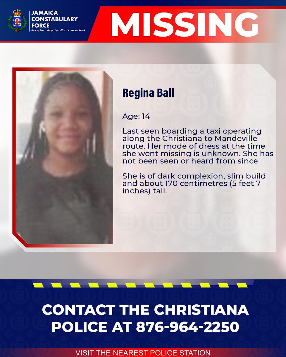 JamaicaConstab's tweet image. Help us locate missing Regina Ball. If you know her whereabouts please call the Christiana Police or the nearest police station.
#AnandaAlert #Missing