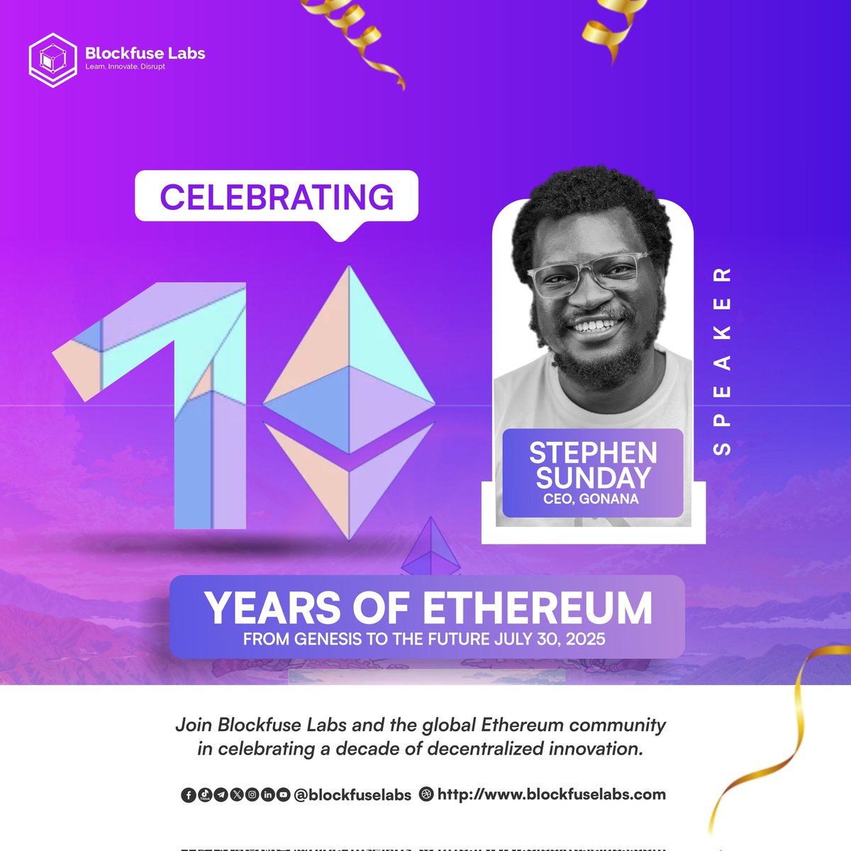 blockfuselabs's tweet image. Great News: Meet Our First Speaker at Ethereum @10 Celebration

We are proud to introduce Stephen Sunday, CEO of @Gonanafarm, as our speaker.

Steven is on a mission to transform how African farmers access markets, credit, and growth powered by decentralized technology. His work…