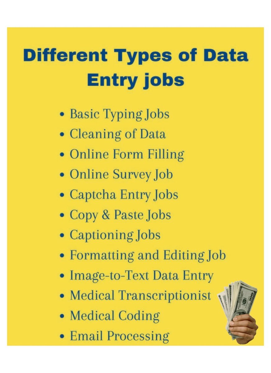 loginx88's tweet image. 57 Websites that'll pay you $100/hr for data entry jobs:
I have prepared a list of 57 Websites that'll pay you
$100/hr for data entry jobs
With Just a Smartphone or Laptop and Internet.
To get it:
1. Follow Me
2. Like and Rt
3. Reply "DM"