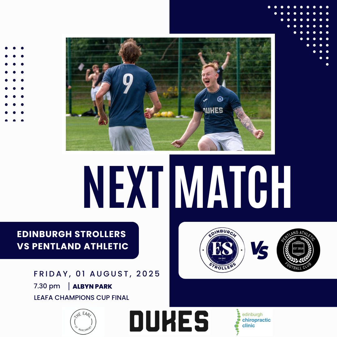 Edinburgh Strollers (@edinstrollersfc) on Twitter photo 🔜 | Upcoming Fixture
On Friday night we return to Broxburn's Albyn Park for the Champions Cup Final against <a href="/PentlandAFC/">Pentland Athletic FC</a> 🏆Further details below ⬇️
<a href="/LeafaOfficial/">Official_LEAFA</a> <a href="/scottish_aff/">AmateurFixturesResultsSCO</a> <a href="/L1veAtTheAmmys/">Live At The Ammys</a>
Sponsors:
Dukes
The Earl of Marchmont
<a href="/ChiroEdinburgh/">EdinburghChiro</a>
🔵⚪️🔵🔵 🔜 | Upcoming Fixture
On Friday night we return to Broxburn's Albyn Park for the Champions Cup Final against <a href="/PentlandAFC/">Pentland Athletic FC</a> 🏆Further details below ⬇️
<a href="/LeafaOfficial/">Official_LEAFA</a> <a href="/scottish_aff/">AmateurFixturesResultsSCO</a> <a href="/L1veAtTheAmmys/">Live At The Ammys</a>
Sponsors:
Dukes
The Earl of Marchmont
<a href="/ChiroEdinburgh/">EdinburghChiro</a>
🔵⚪️🔵🔵