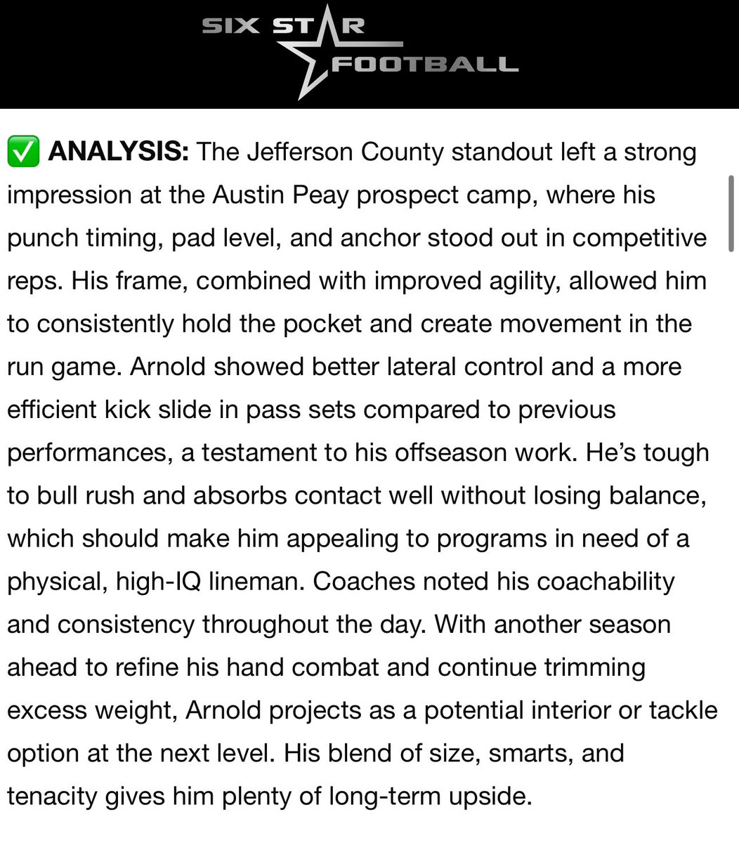 Grant Arnold (@grantarnold) on Twitter photo Big thanks to @6starfootball for the write up!
<a href="/GovsFB/">Austin Peay Football</a>
<a href="/CoachGehl/">Michael Gehl</a>
<a href="/JeffCountyFB/">Jeff County Football</a>
<a href="/CSmithScout/">Chris Smith</a>
<a href="/d1highlights/">d1highlights</a>
<a href="/PrepRedzoneTN/">Prep Redzone Tennessee</a> Big thanks to @6starfootball for the write up!
<a href="/GovsFB/">Austin Peay Football</a>
<a href="/CoachGehl/">Michael Gehl</a>
<a href="/JeffCountyFB/">Jeff County Football</a>
<a href="/CSmithScout/">Chris Smith</a>
<a href="/d1highlights/">d1highlights</a>
<a href="/PrepRedzoneTN/">Prep Redzone Tennessee</a>