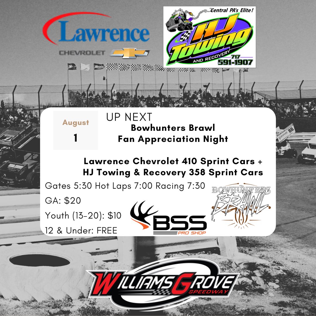 WilliamsGrove's tweet image. ๐จ๐ฝ ๐ก๐ฒ๐
๐:
Fan Appreciation Night is BACK for the final time in 2025 as we hold the Bowhunters Brawl presented by Bowhunters Superstore! Fans are welcomed into the back pit area from 5:30-6:15 to meet the drivers of the 358 Sprint Car Series.
On the cards are the Lawrenceโฆ