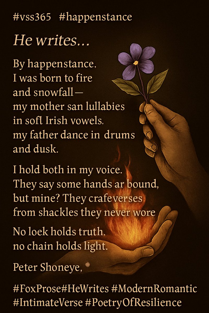 petershoneye's tweet image. #vss365 #happenstance
He writes…
By happenstance,
I was born to fire and snowfall—
my mother sang lullabies in soft Irish vowels,
my father danced in drums and dusk.
I hold both in my voice.
They say some hands are bound,
but mine? They craft verses
from shackles they never…