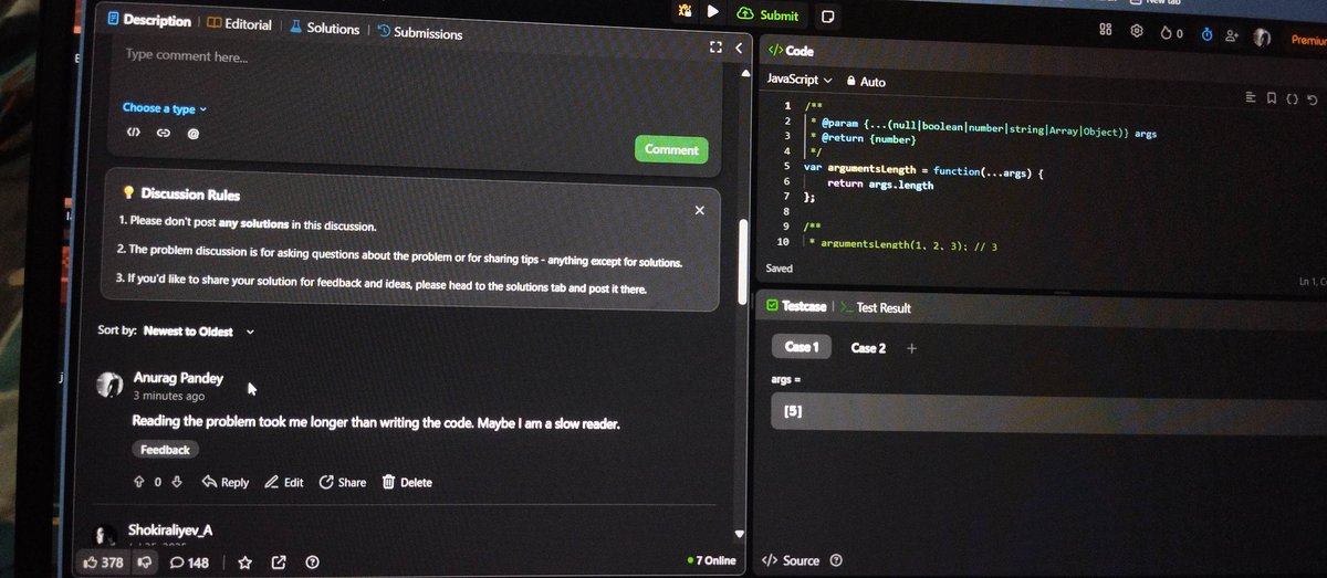 codeanurag's tweet image. First comment in leetcode discussion , 30 days of JS on LeetCode is seriously funny!
Must visit the discussion of 9th question.