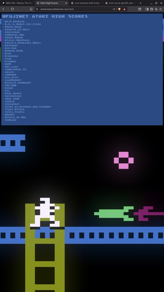 tschak's tweet image. #FujiNet #HighScoreEnabled: #Atari8Bit games now clear their leader boards, once a month.
Current Scores: scores.irata.online
Saved Scores: scores.irata.online/saved/ (sorted by year-month)
Script and cron: github.com/FujiNetWIFI/fu…
Game on!
#retrocomputing #retrogaming
