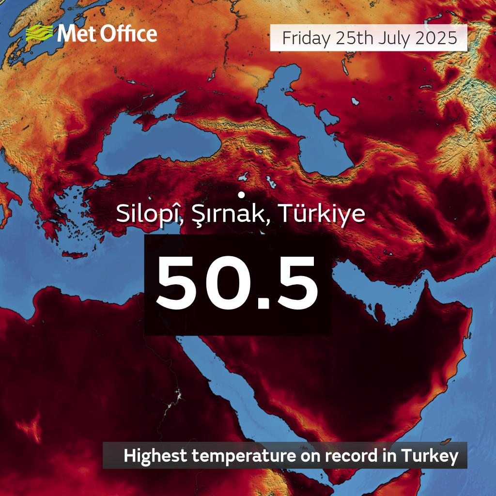 Turkey recorded its highest temperature on record on Friday with 50.5°C recorded in Silopi ⚠️📈

This exceeds the previous record of 49.5°C recorded on 15th August 2023 🌡️

This extreme heat is bringing serious health impacts and giving a very high risk of wildfires 🔥