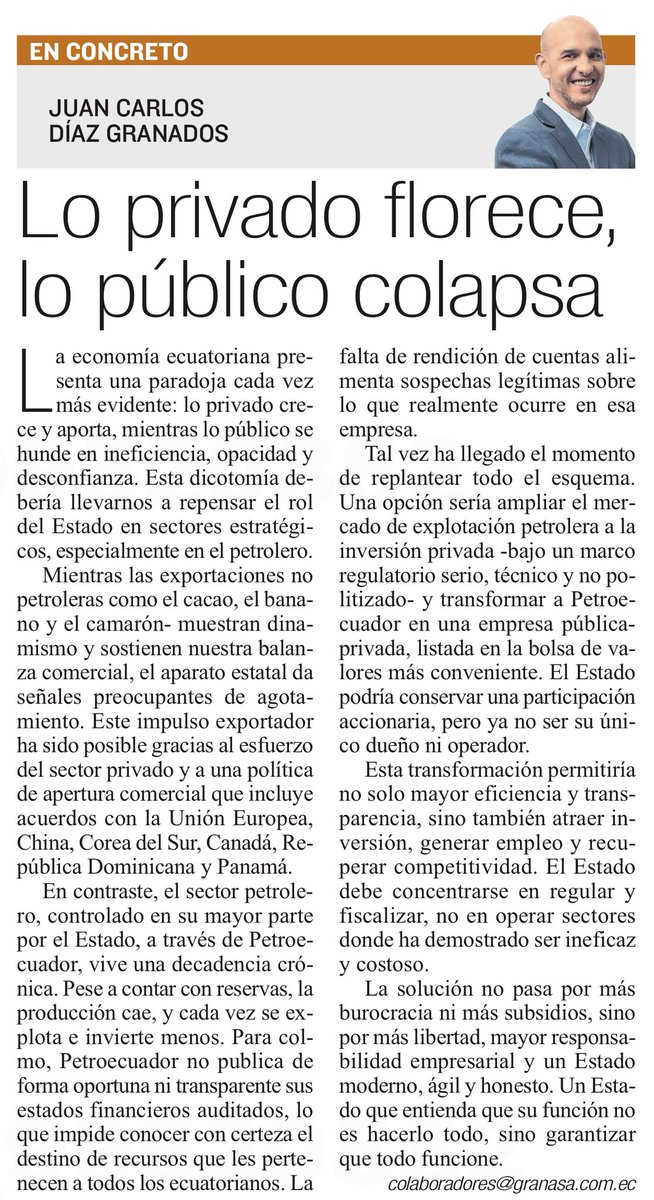 Juan Carlos Díaz Granados (@jcdgm) on Twitter photo Lo privado florece, lo público colapsa: un análisis de la economía ecuatoriana y el sector petrolero. ¿Es hora de repensar el rol del Estado? Lee mi nuevo artículo en <a href="/Expresoec/">Diario Expreso</a>. #Ecuador #Economía #Petrolero Lo privado florece, lo público colapsa: un análisis de la economía ecuatoriana y el sector petrolero. ¿Es hora de repensar el rol del Estado? Lee mi nuevo artículo en <a href="/Expresoec/">Diario Expreso</a>. #Ecuador #Economía #Petrolero