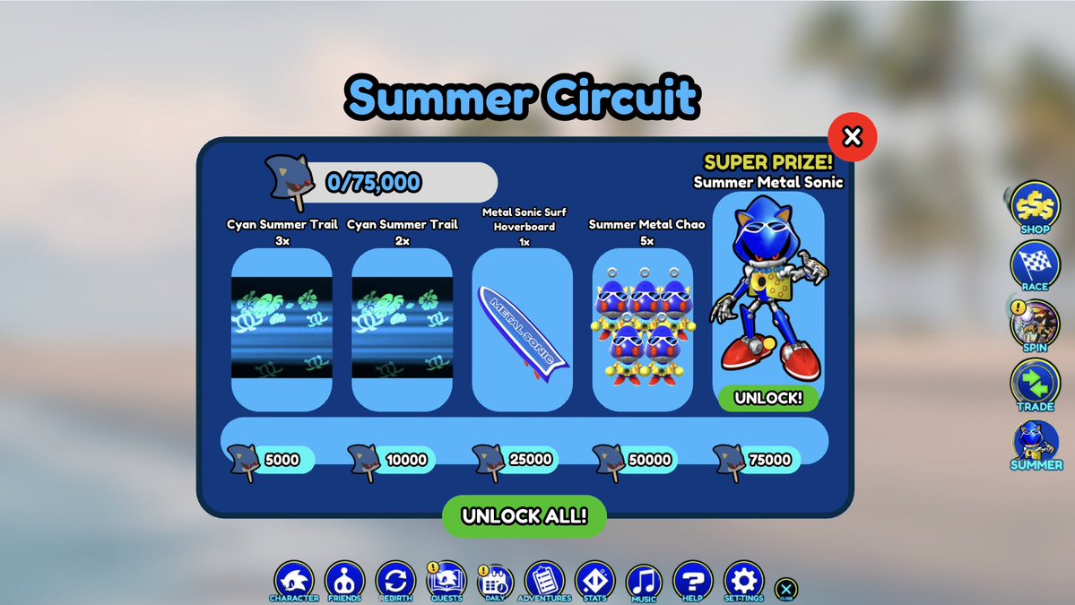 SSSConceptGuy's tweet image. Summer Metal Sonic Event!
Collect 75k Metal Sonic Ice Creams
5k IC's = 3x Cyan Summer Trails
10k IC's = 2x Cyan Summer Trails
25k IC's = Metal Sonic Surf Hoverboard
50k IC's = 5x Summer Metal Sonic Chao
75k IC's = Summer Metal Sonic Skin
#SonicSpeedSimulator